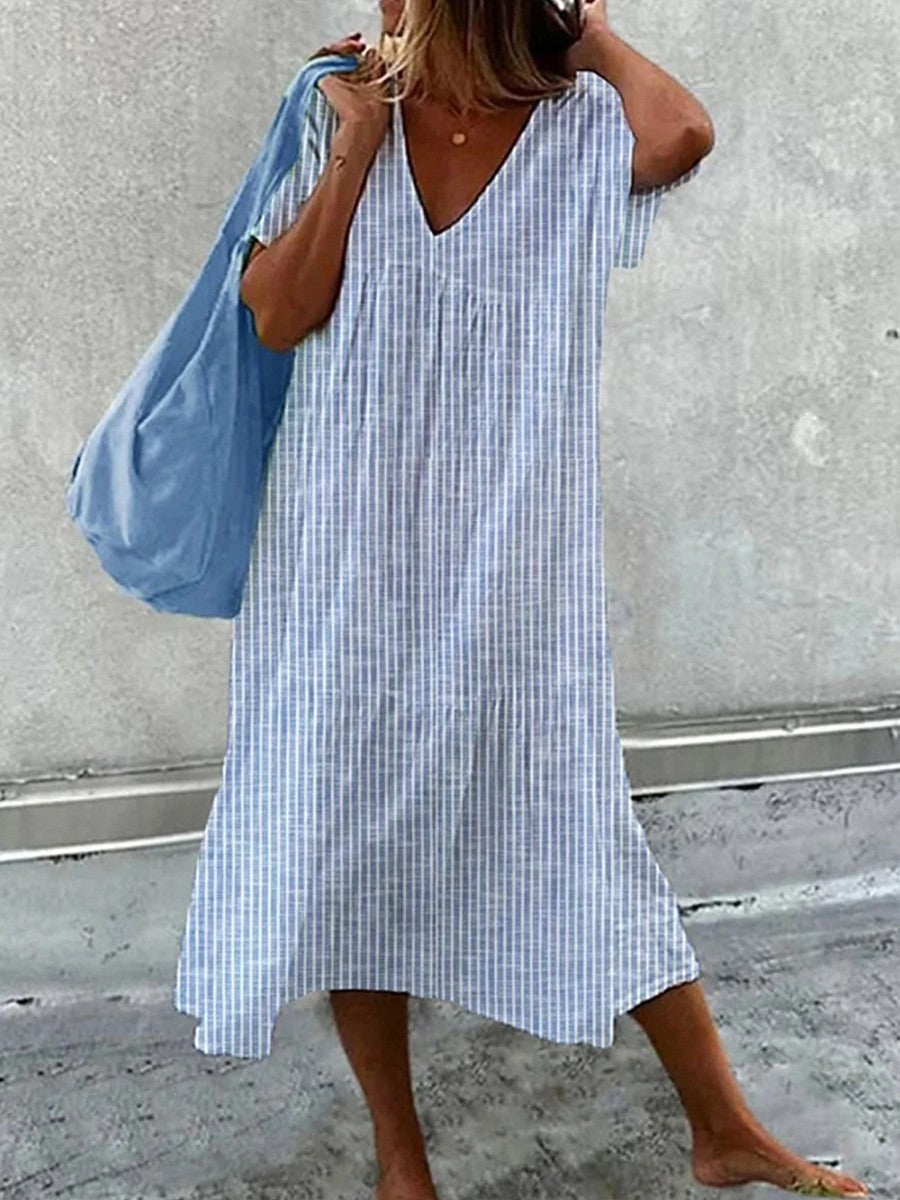 LIANA – BREEZY V-NECK STRIPED MIDI DRESS
