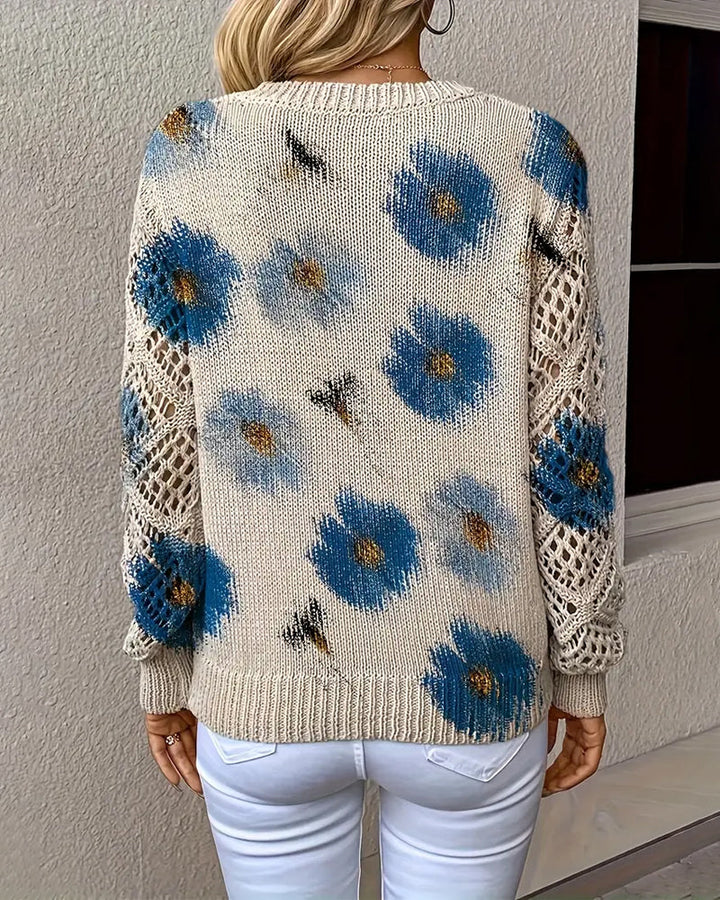 JANE– FLORAL OPEN-KNIT V-NECK SWEATER