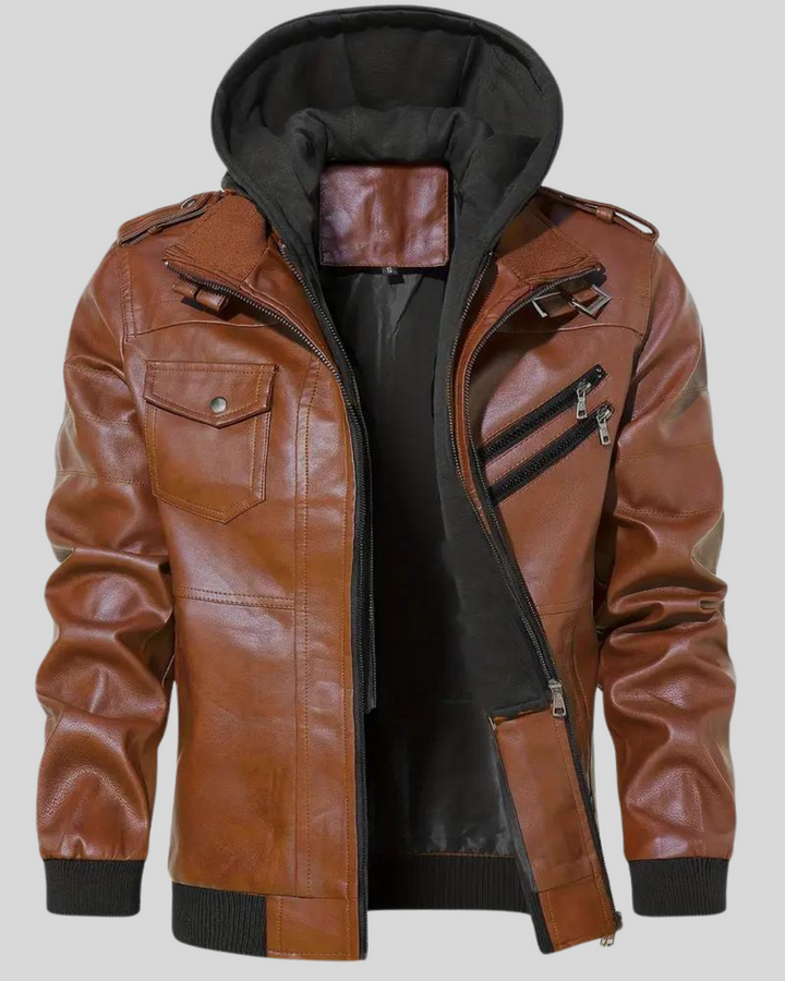 Davor - Hooded Leather Jacket With Double Zipper Closure