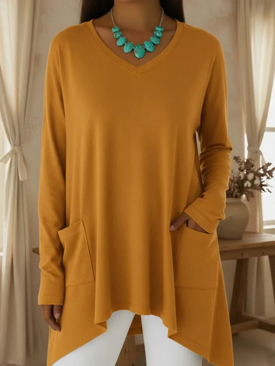 Boglarka - V-neck Loose Sweater With Irregular Hem