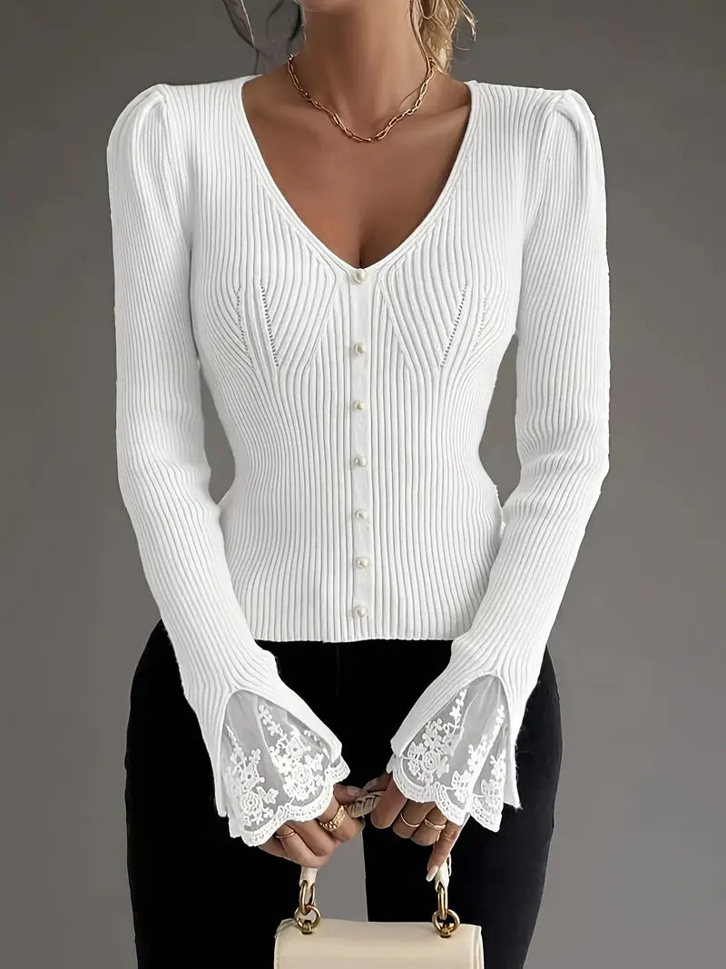 Visenna - Elegant V-Neck Sweater With Lace Sleeves