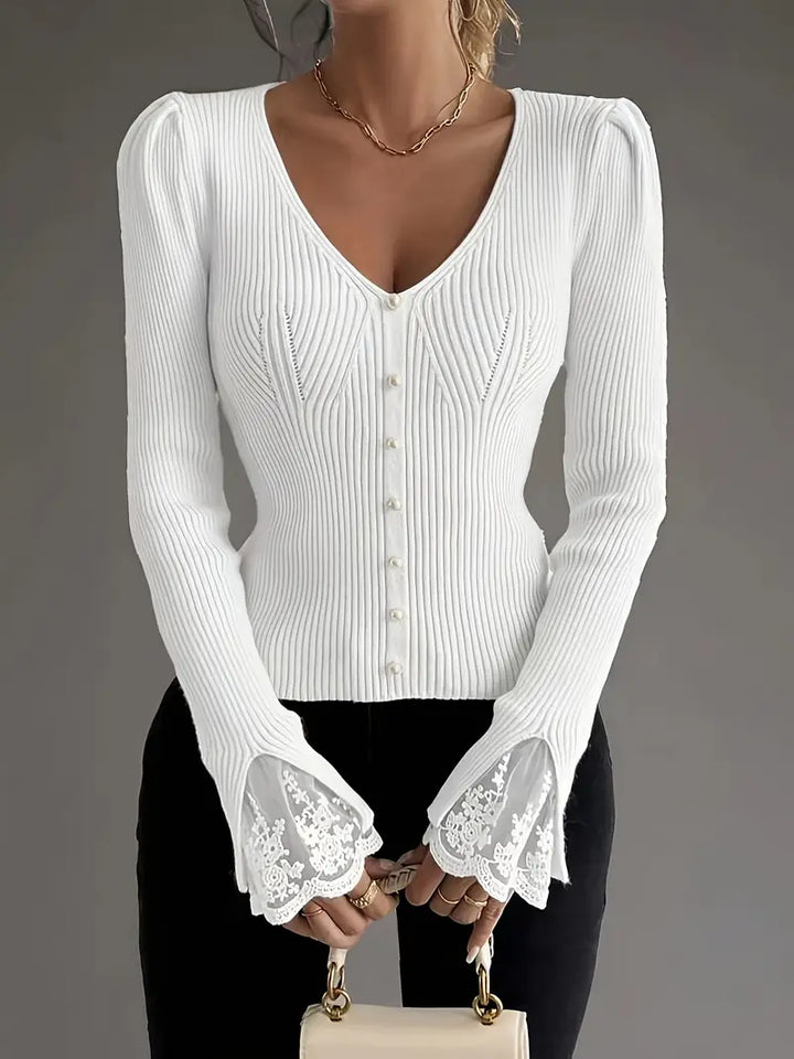 Visenna - Elegant V-Neck Sweater With Lace Sleeves