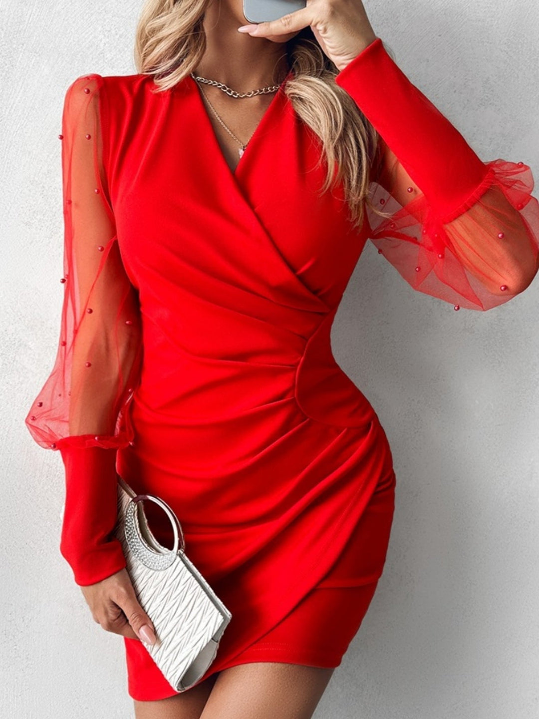 Yamato - Beaded Pleated Dress With Tulle Sleeves