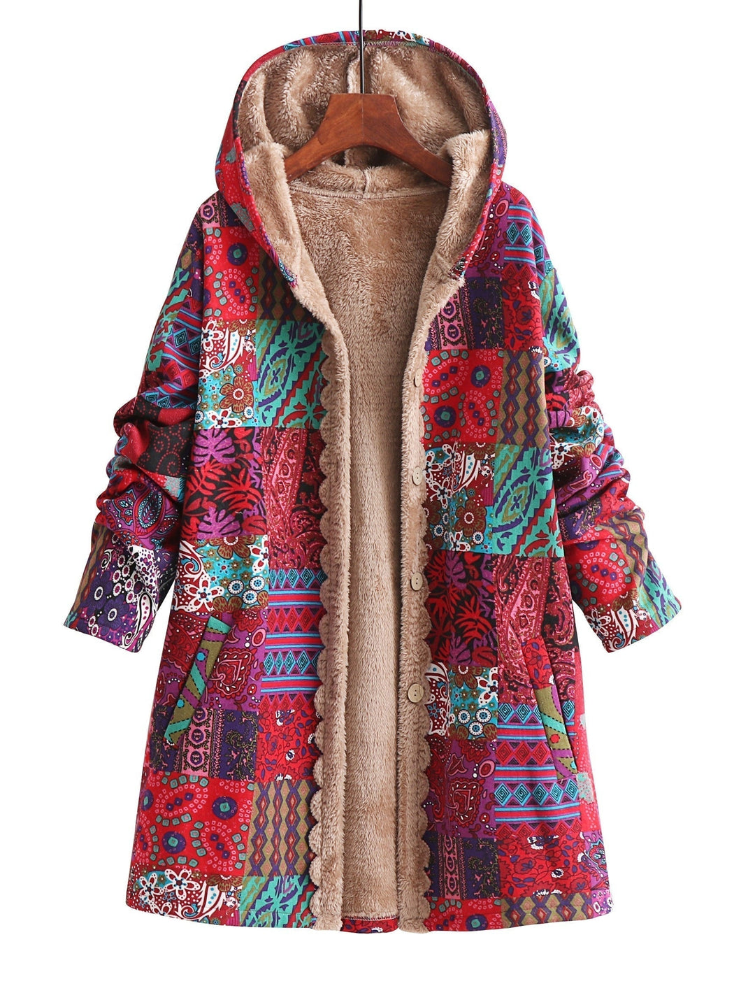 LENA – PATCHWORK SHERPA-LINED HOODED COAT