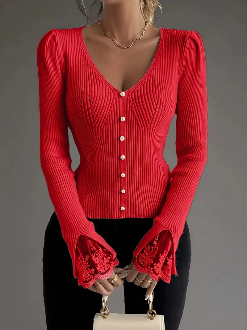 Visenna - Elegant V-Neck Sweater With Lace Sleeves