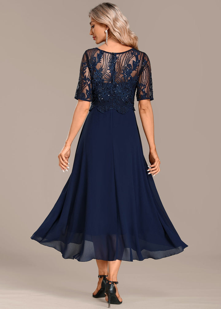 CLARISSA – ELEGANT NAVY LACE CHIFFON DRESS