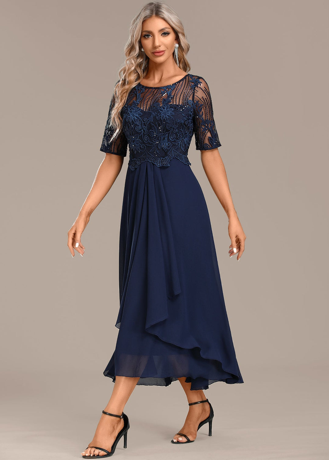 CLARISSA – ELEGANT NAVY LACE CHIFFON DRESS