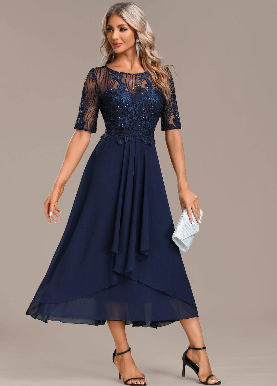 CLARISSA – ELEGANT NAVY LACE CHIFFON DRESS