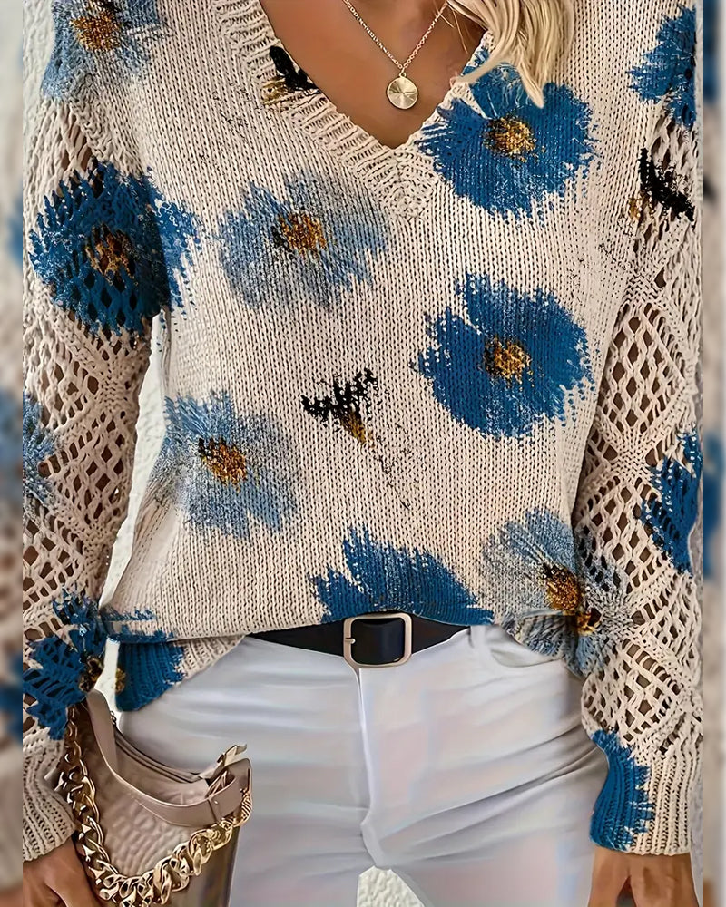 JANE– FLORAL OPEN-KNIT V-NECK SWEATER