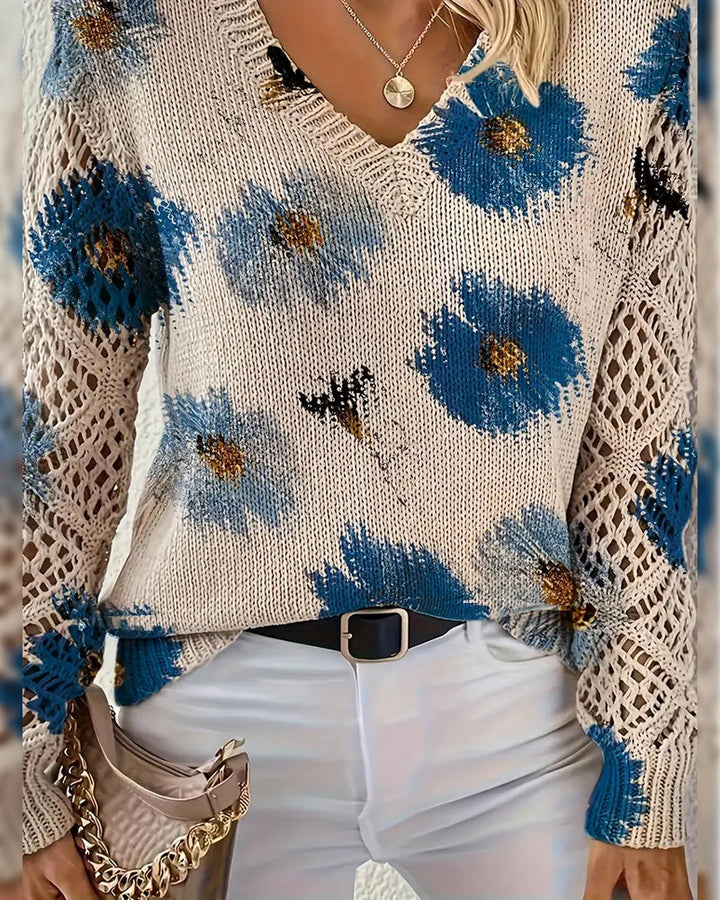 JANE– FLORAL OPEN-KNIT V-NECK SWEATER