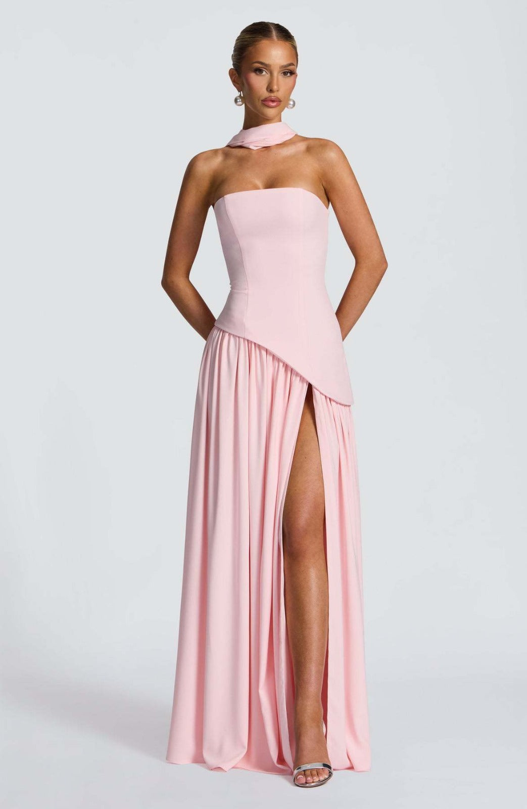 Madame - Strapless Long Dress With Ribbon And Slit