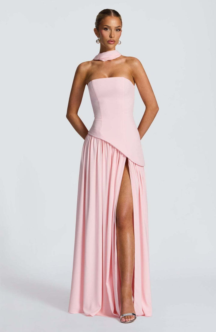 Madame - Strapless Long Dress With Ribbon And Slit