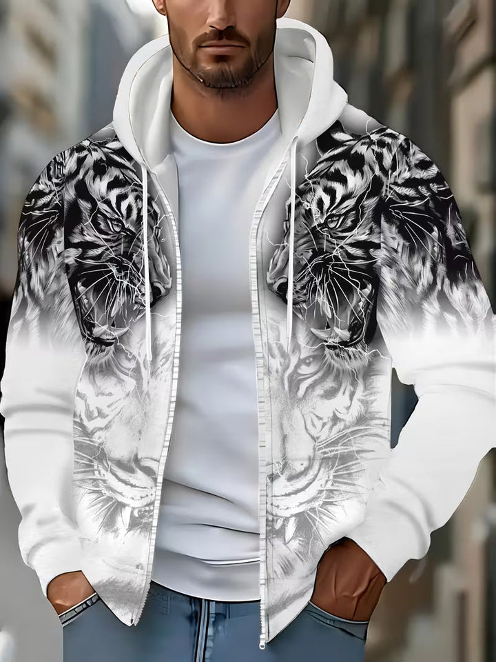 Luciano - Tiger Pattern Hooded Sweatshirt With Zipper
