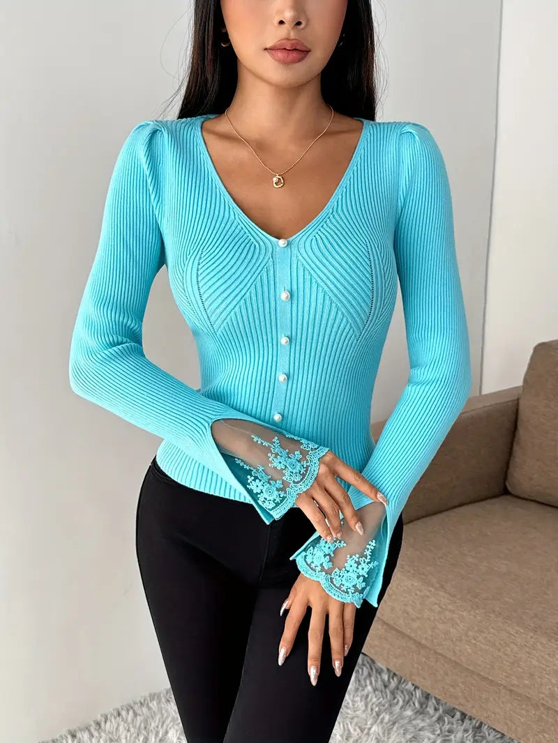 Visenna - Elegant V-Neck Sweater With Lace Sleeves
