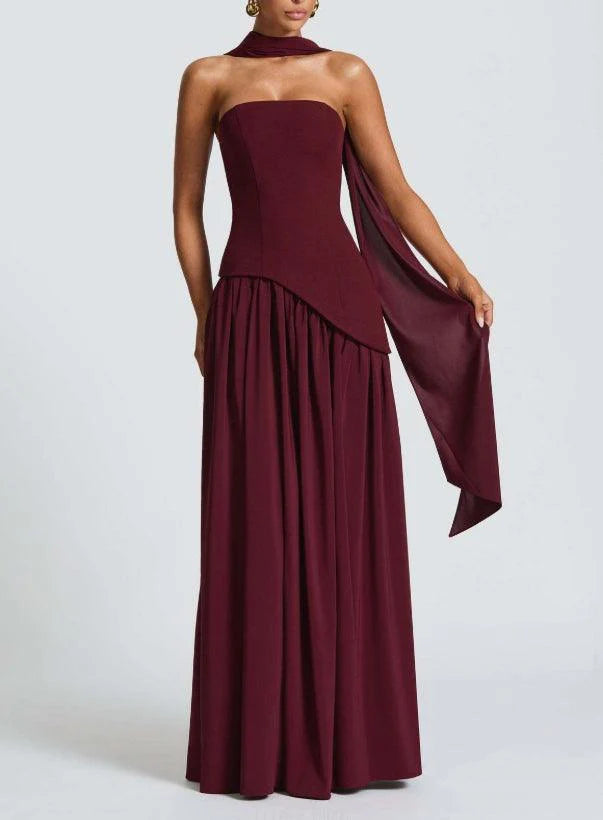 Madame - Strapless Long Dress With Ribbon And Slit