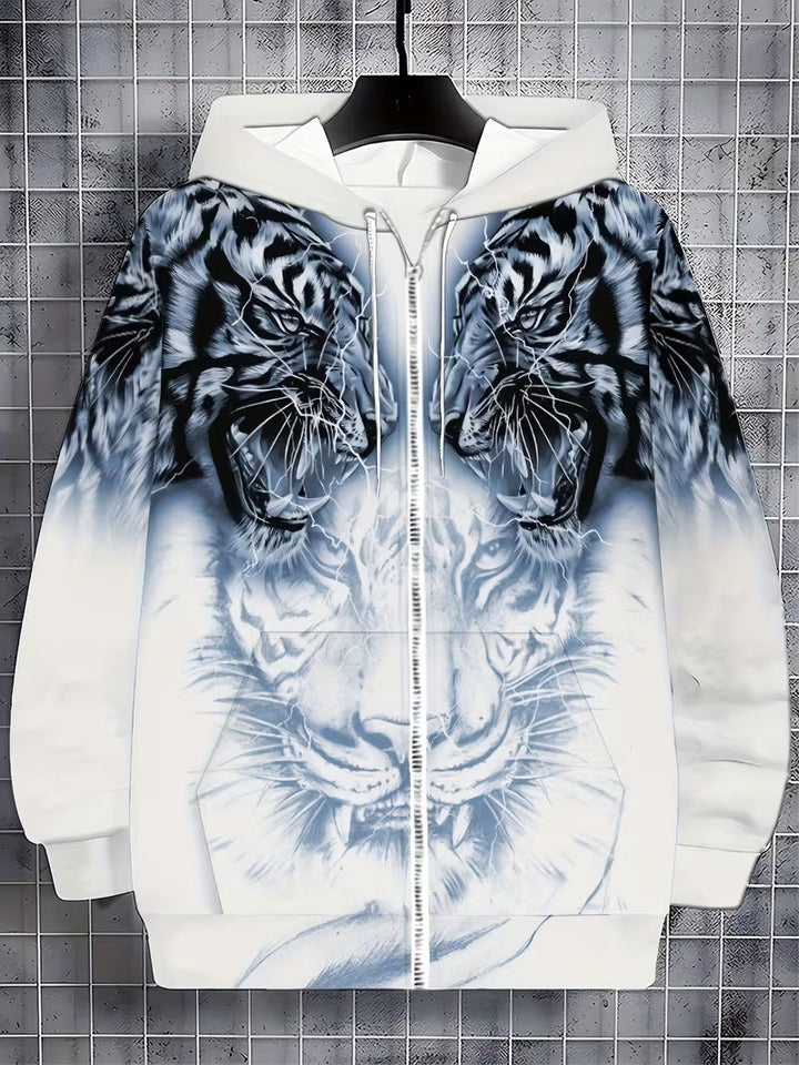 Luciano - Tiger Pattern Hooded Sweatshirt With Zipper
