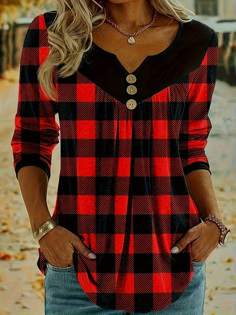 Fontemanha - Autumn Christmas Plaid Print Top