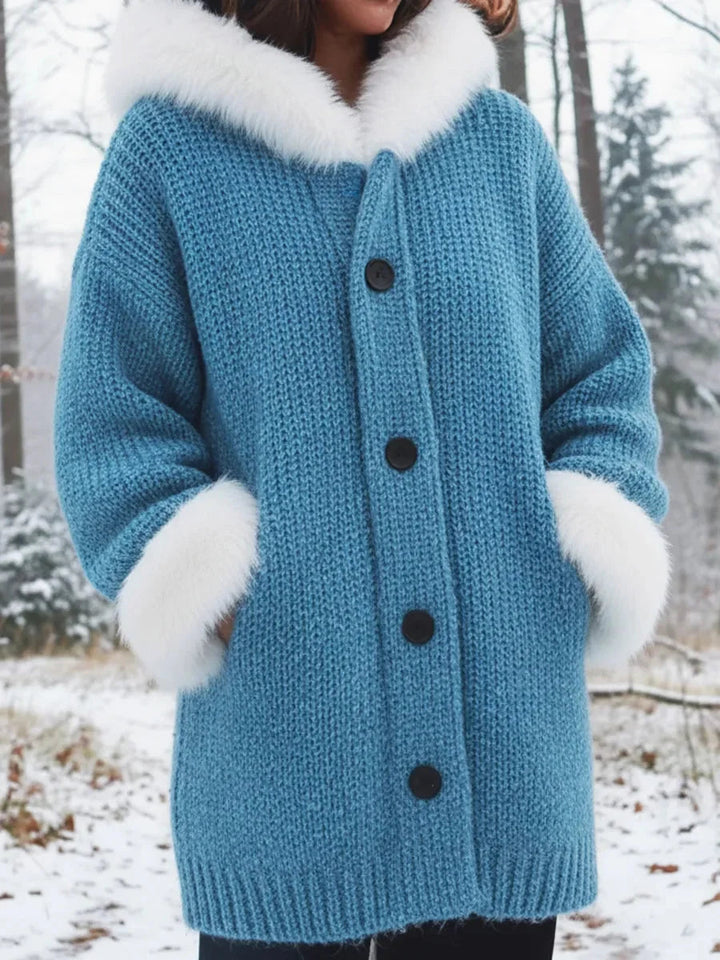 Nodia - Faux Fur Trim Knitted Hooded Coat