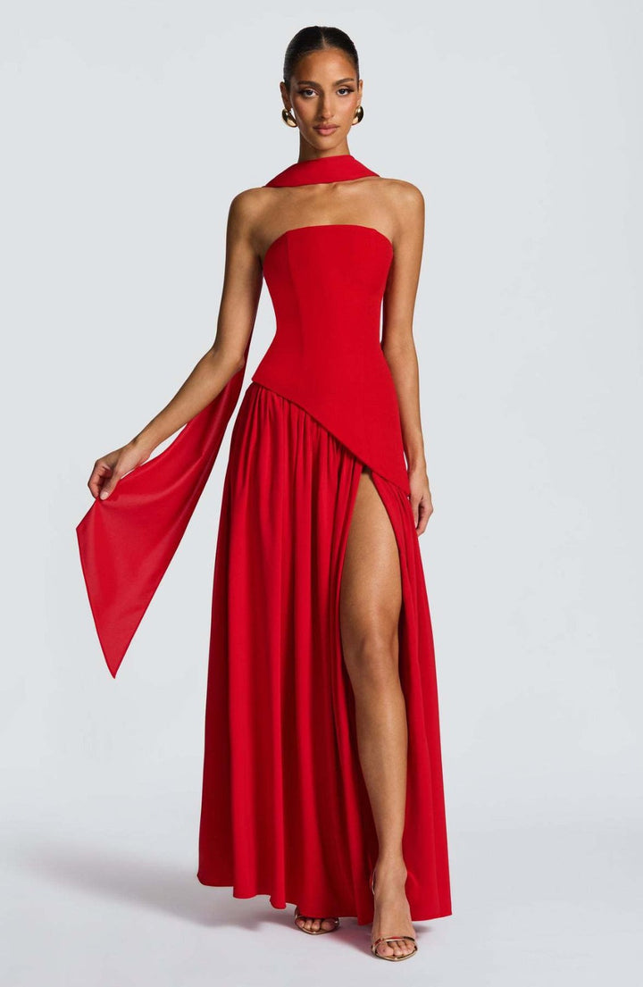 Madame - Strapless Long Dress With Ribbon And Slit