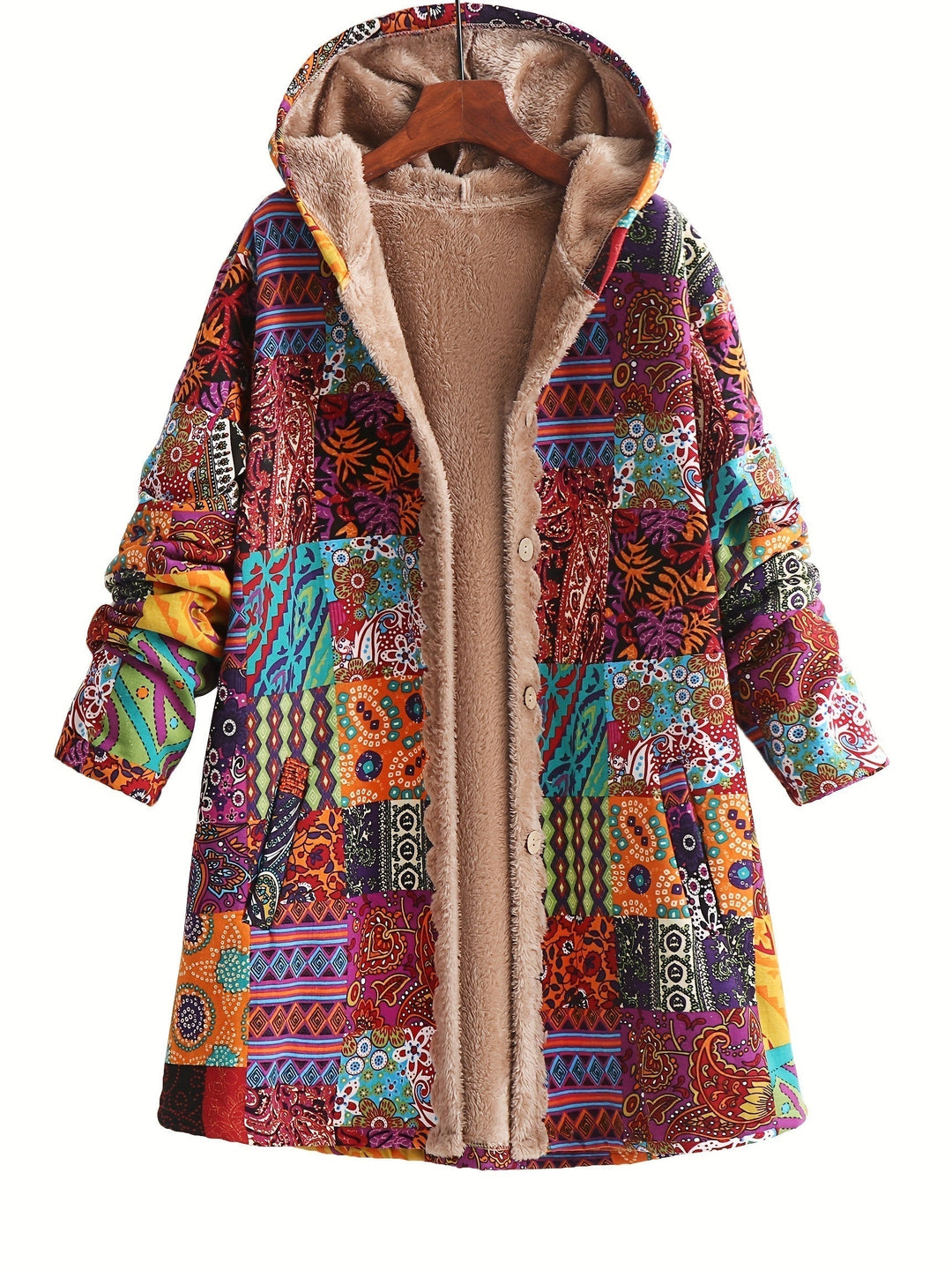 LENA – PATCHWORK SHERPA-LINED HOODED COAT