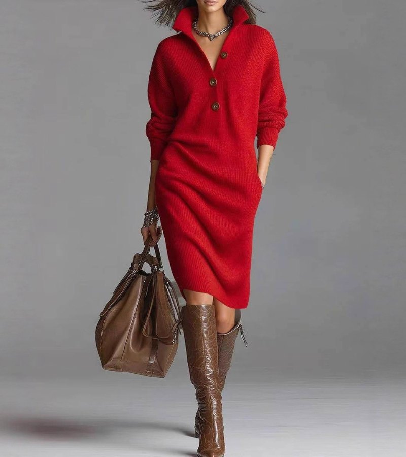 Perona - Elegant Knitted Dress With Button