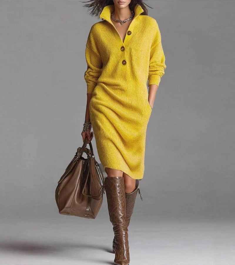 Perona - Elegant Knitted Dress With Button