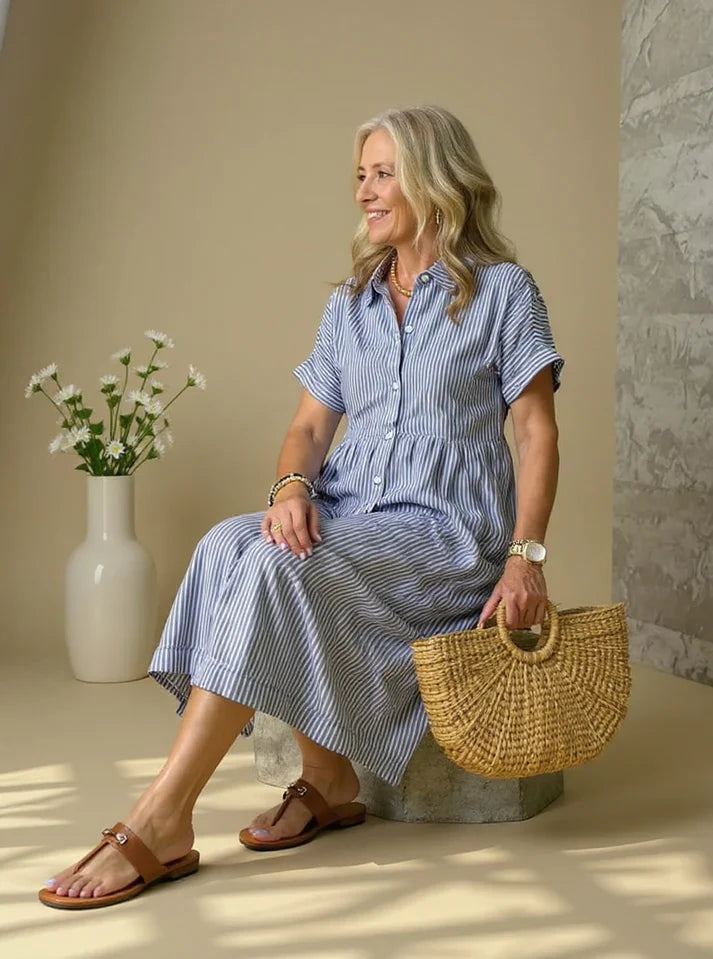 MADELINE – STRIPED BUTTON-DOWN RELAXED MIDI DRESS