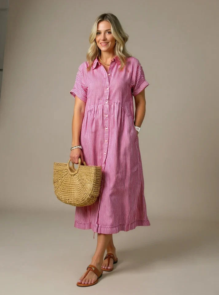 MADELINE – STRIPED BUTTON-DOWN RELAXED MIDI DRESS