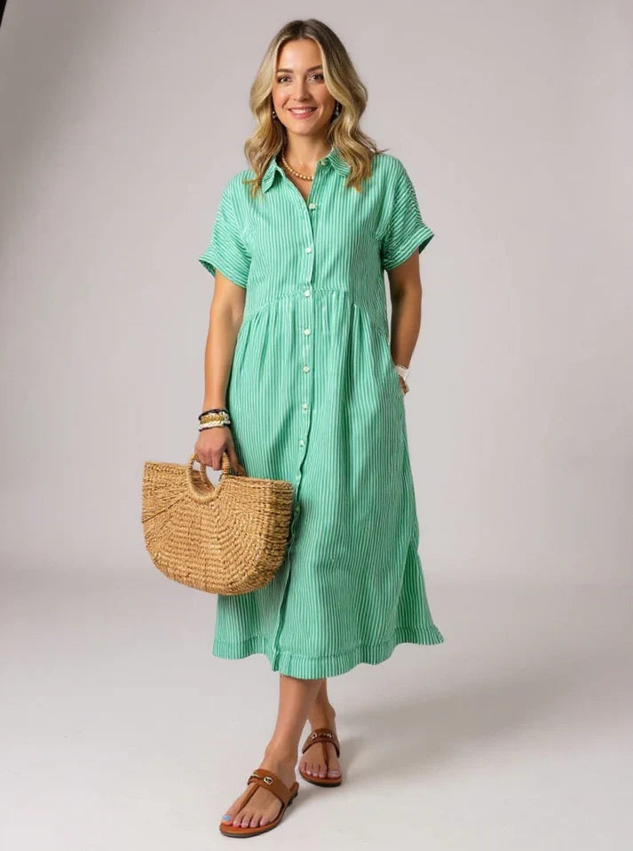MADELINE – STRIPED BUTTON-DOWN RELAXED MIDI DRESS