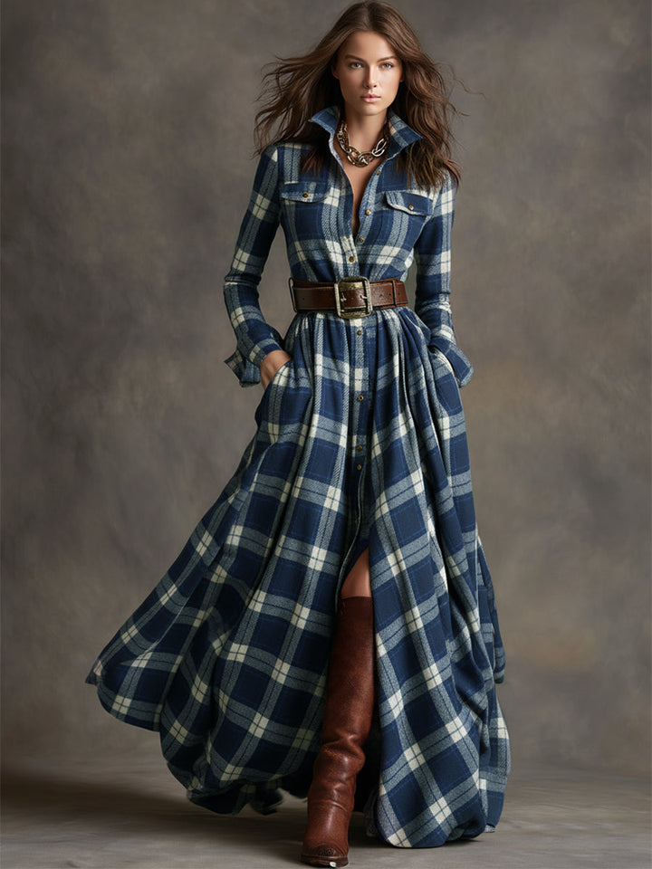 SIENNA – ELEGANT PLAID MAXI SHIRT DRESS