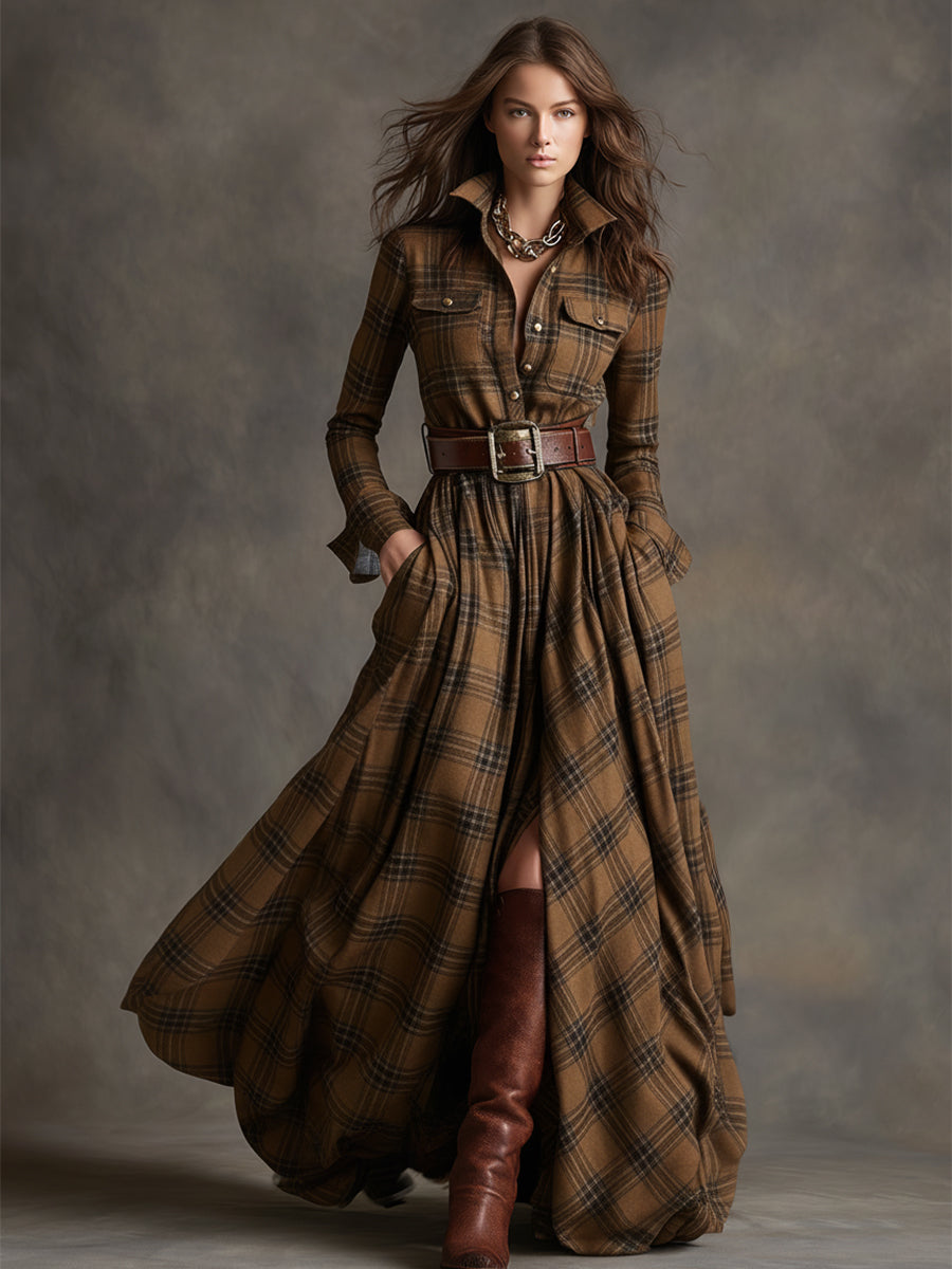 SIENNA – ELEGANT PLAID MAXI SHIRT DRESS