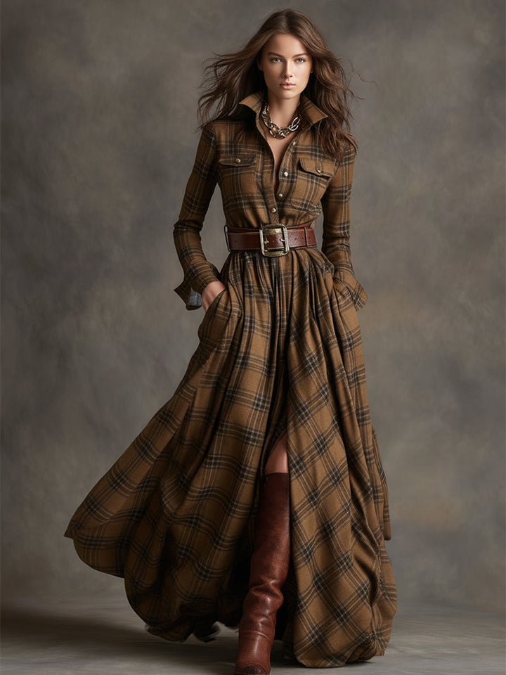 SIENNA – ELEGANT PLAID MAXI SHIRT DRESS