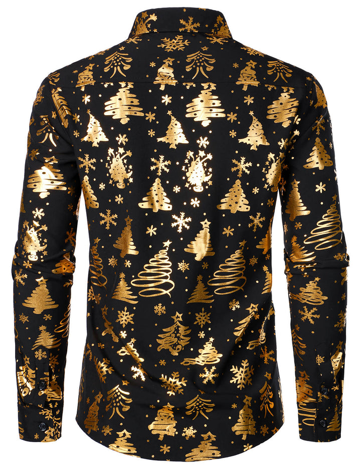Nalcolm - Men's Gold Christmas Print Black Long Sleeve Shirt