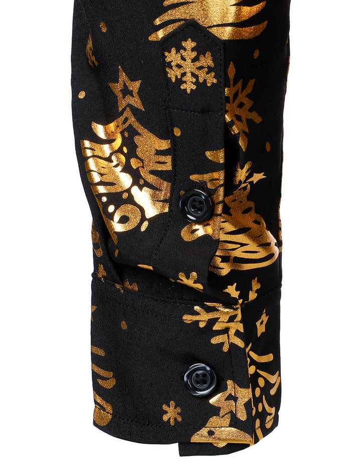 Nalcolm - Men's Gold Christmas Print Black Long Sleeve Shirt