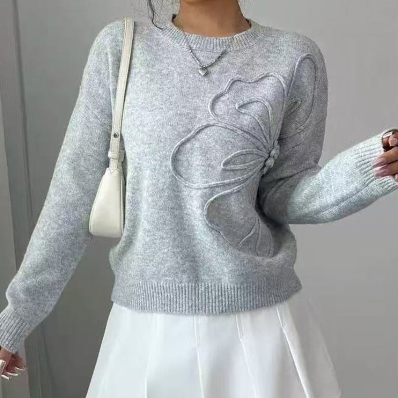 Hiyori - Long Sleeve Knit Sweater With Butterfly Print