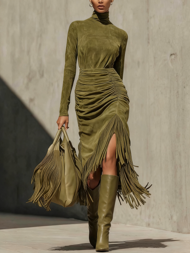 Kessia - Turtleneck Long Sleeve Tassel Dress