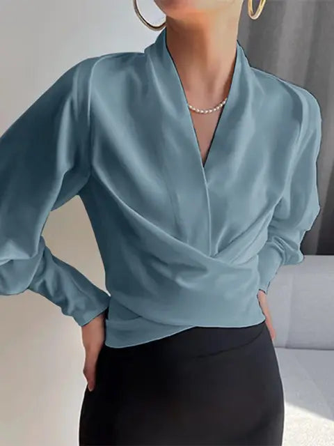 CASSANDRA – ELEGANT DRAPED V-NECK BLOUSE