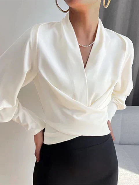 CASSANDRA – ELEGANT DRAPED V-NECK BLOUSE