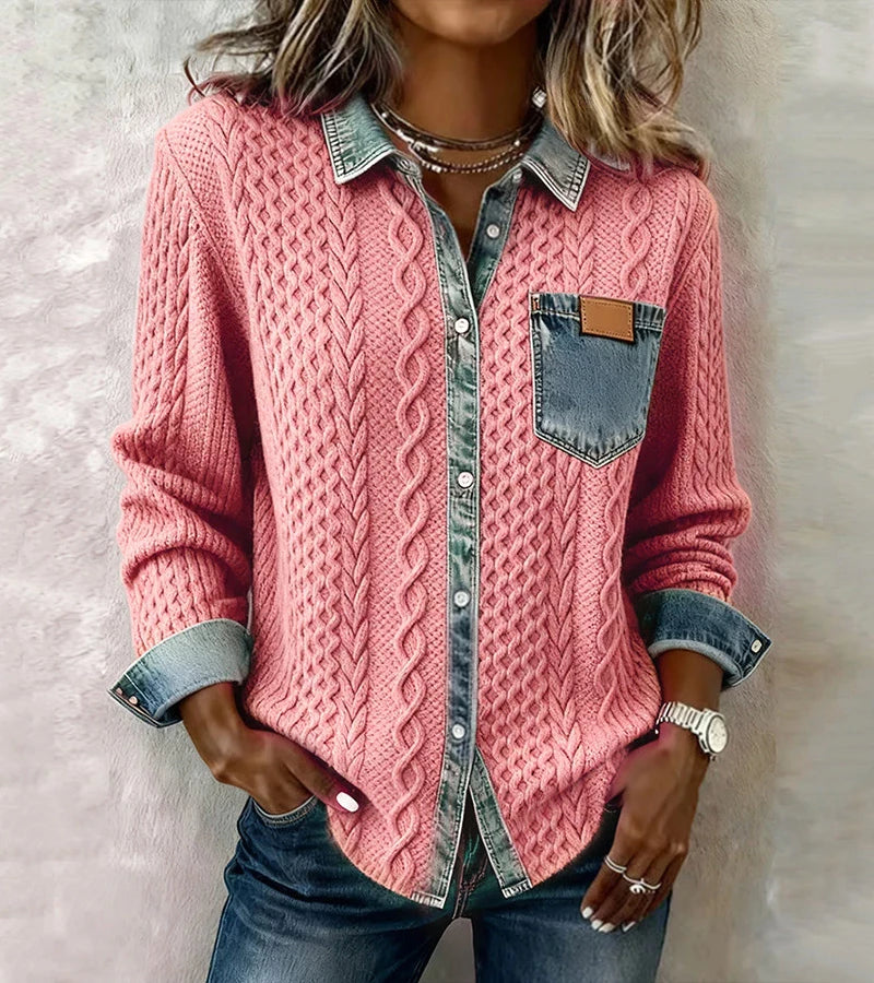 Bibianna - Long Sleeve Shirt With Denim Patchwork