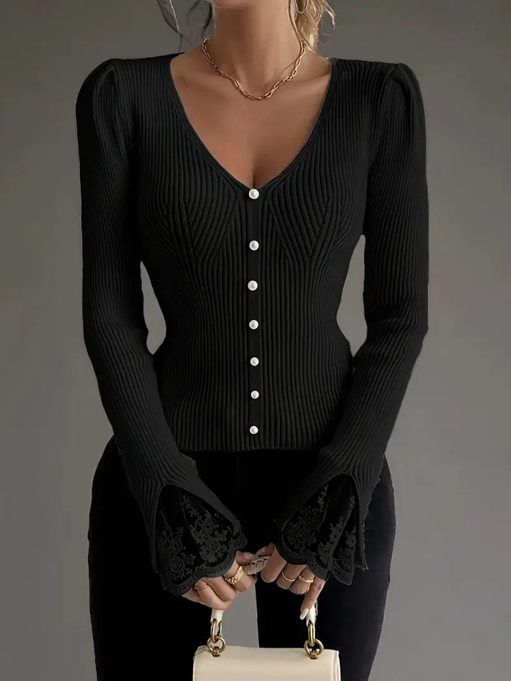 Visenna - Elegant V-Neck Sweater With Lace Sleeves