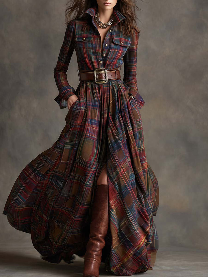 SIENNA – ELEGANT PLAID MAXI SHIRT DRESS