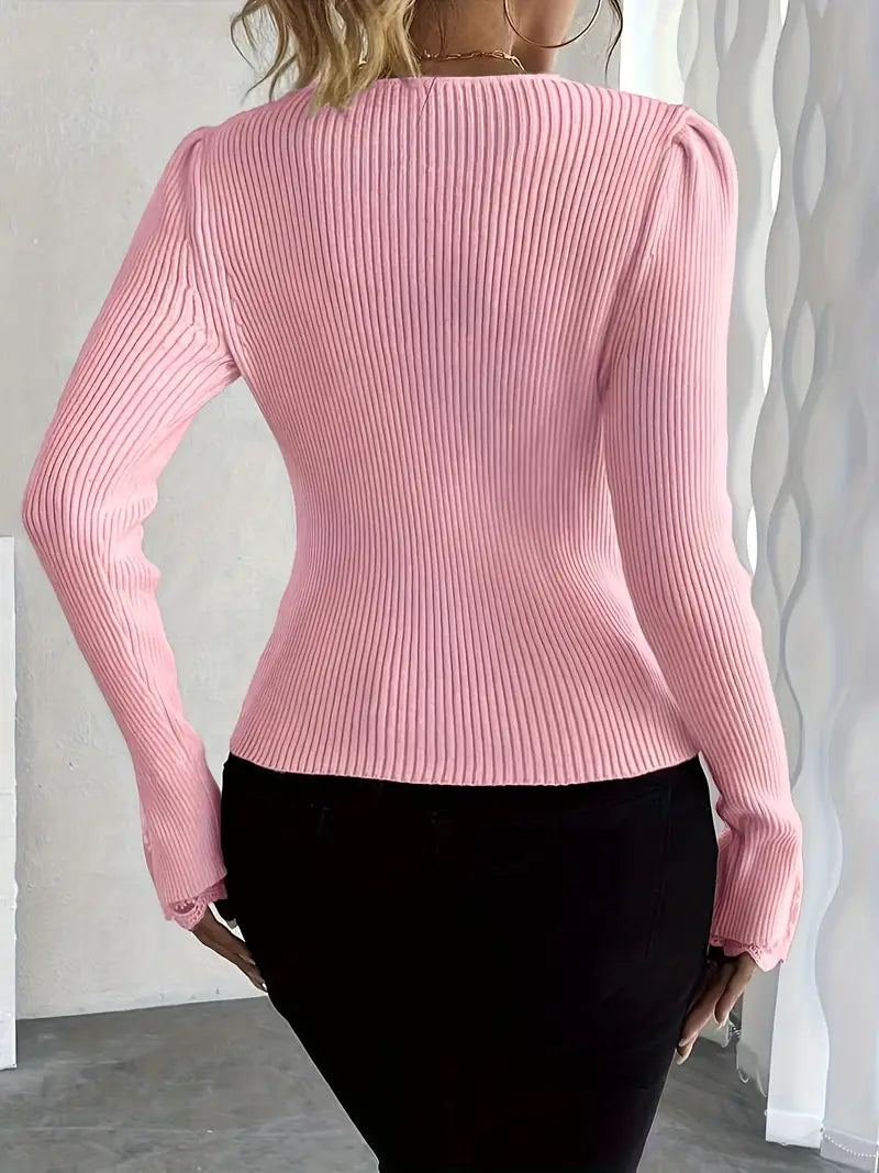 Visenna - Elegant V-Neck Sweater With Lace Sleeves