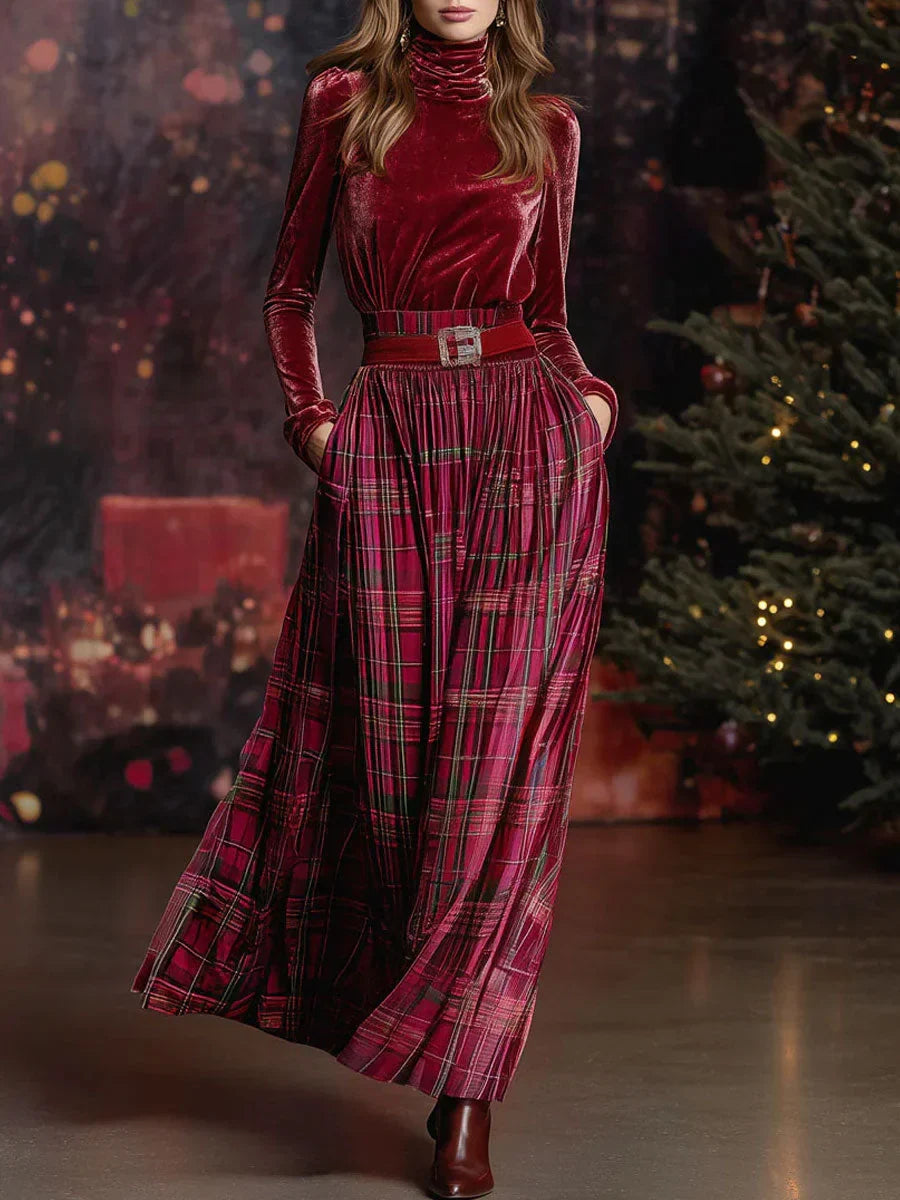 Nivaeh - Festive Retro Turtleneck Plaid Skirt Set