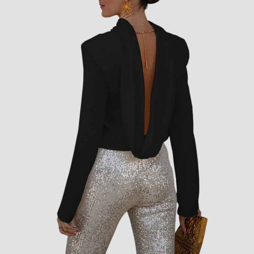 Ffion - Backless Cowl Neck Long Sleeve Blouse