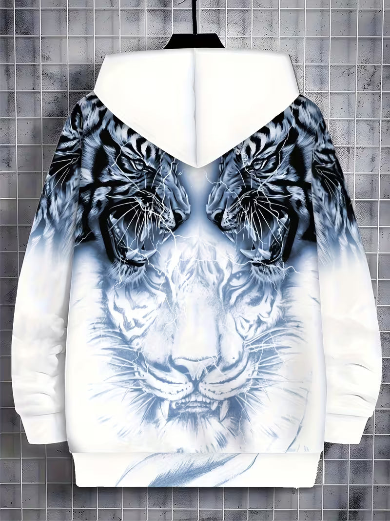 Luciano - Tiger Pattern Hooded Sweatshirt With Zipper