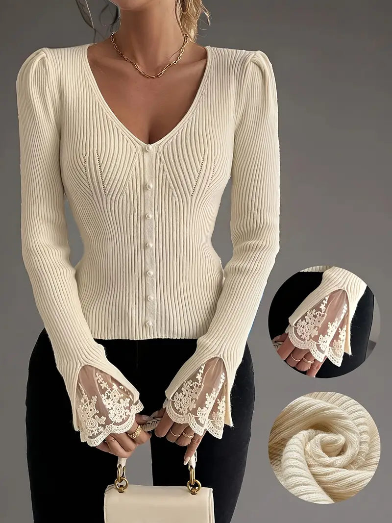 Visenna - Elegant V-Neck Sweater With Lace Sleeves