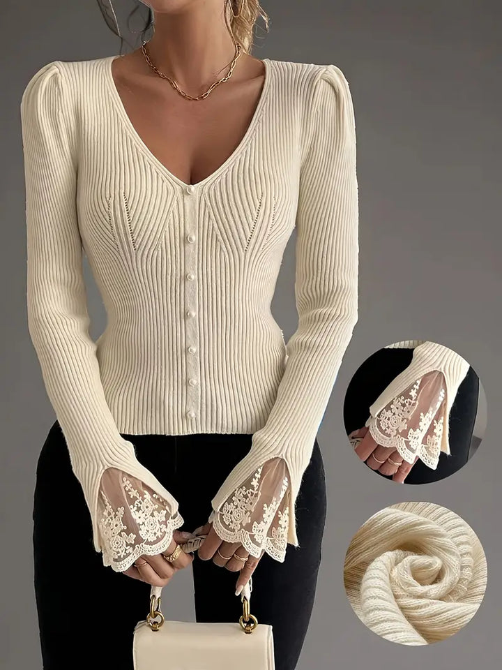 Visenna - Elegant V-Neck Sweater With Lace Sleeves