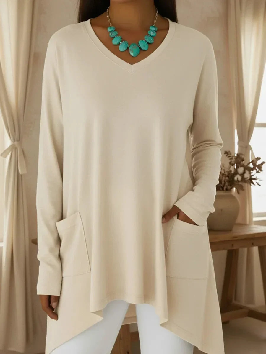 Boglarka - V-neck Loose Sweater With Irregular Hem