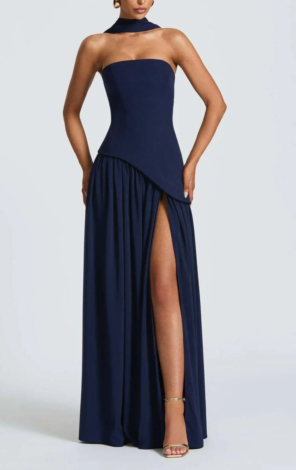 Madame - Strapless Long Dress With Ribbon And Slit