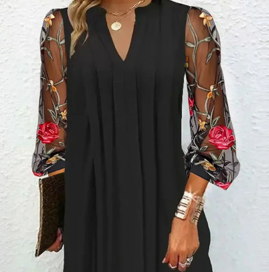JANE – ELEGANT BLACK DRESS WITH EMBROIDERED SHEER SLEEVES